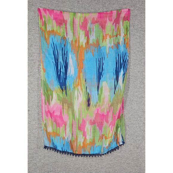 WOMEN’S VIBRANT MULTICOLOR SOFT FABRIC SCARF - SIZE 68" x 22" - POM-POM TRIM - Picture 4 of 6